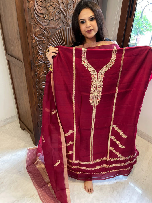 Maroon Designer Banarasi Suit Set in Pure Silk - Masakalee