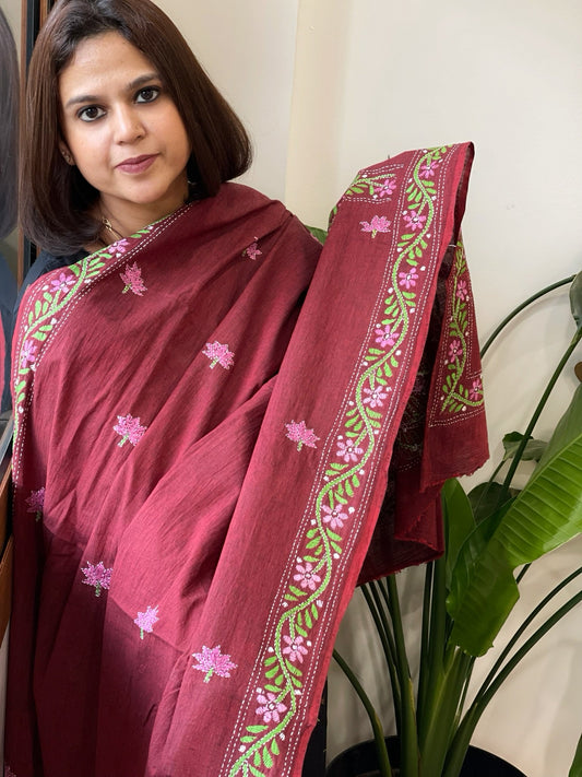 Maroon Handmade Kantha Dupatta in Pure Cotton - Masakalee