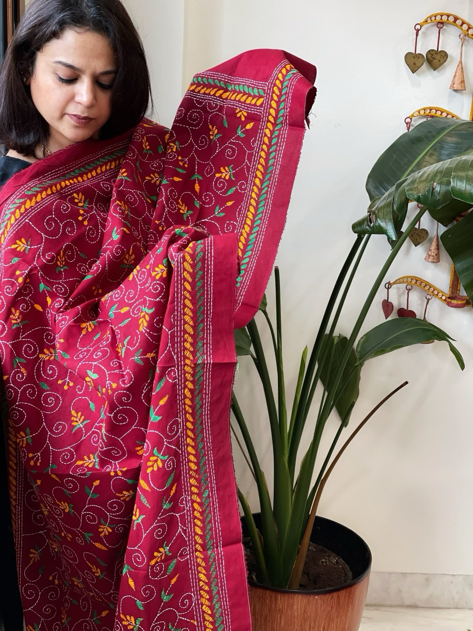 Maroon Handmade Kantha Dupatta in Pure Cotton - Masakalee