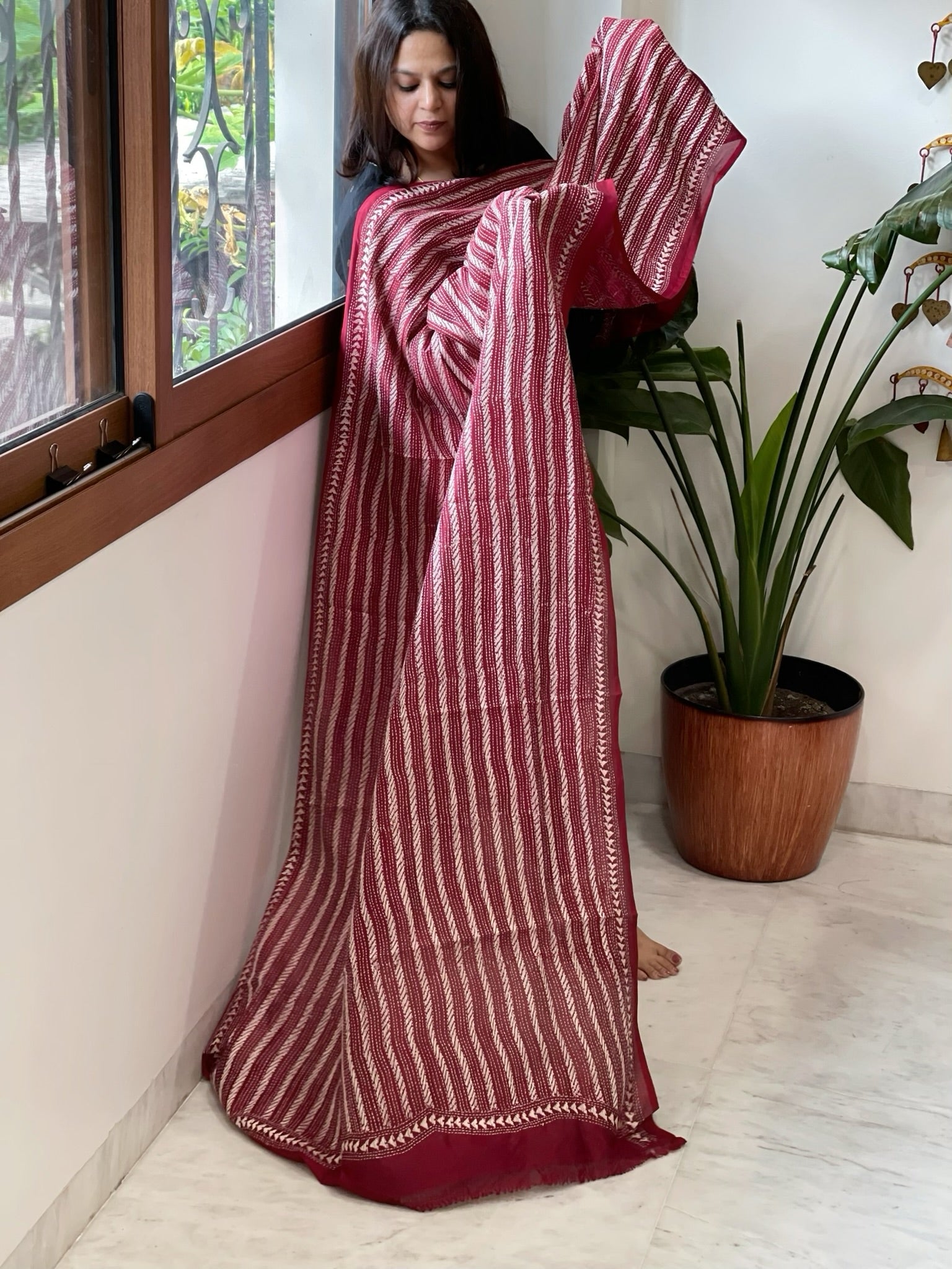 Maroon Handmade Kantha Dupatta in Silk - Masakalee