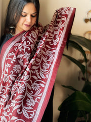 Maroon Handmade Nakshi Kantha Dupatta in Pure Silk - Masakalee