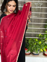 Maroon Handwoven Bhujodi Dupatta in Chanderi Cotton - Masakalee