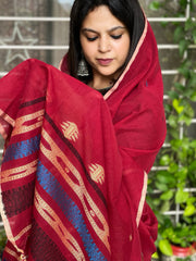 Maroon Handwoven Bhujodi Dupatta in Chanderi Cotton - Masakalee