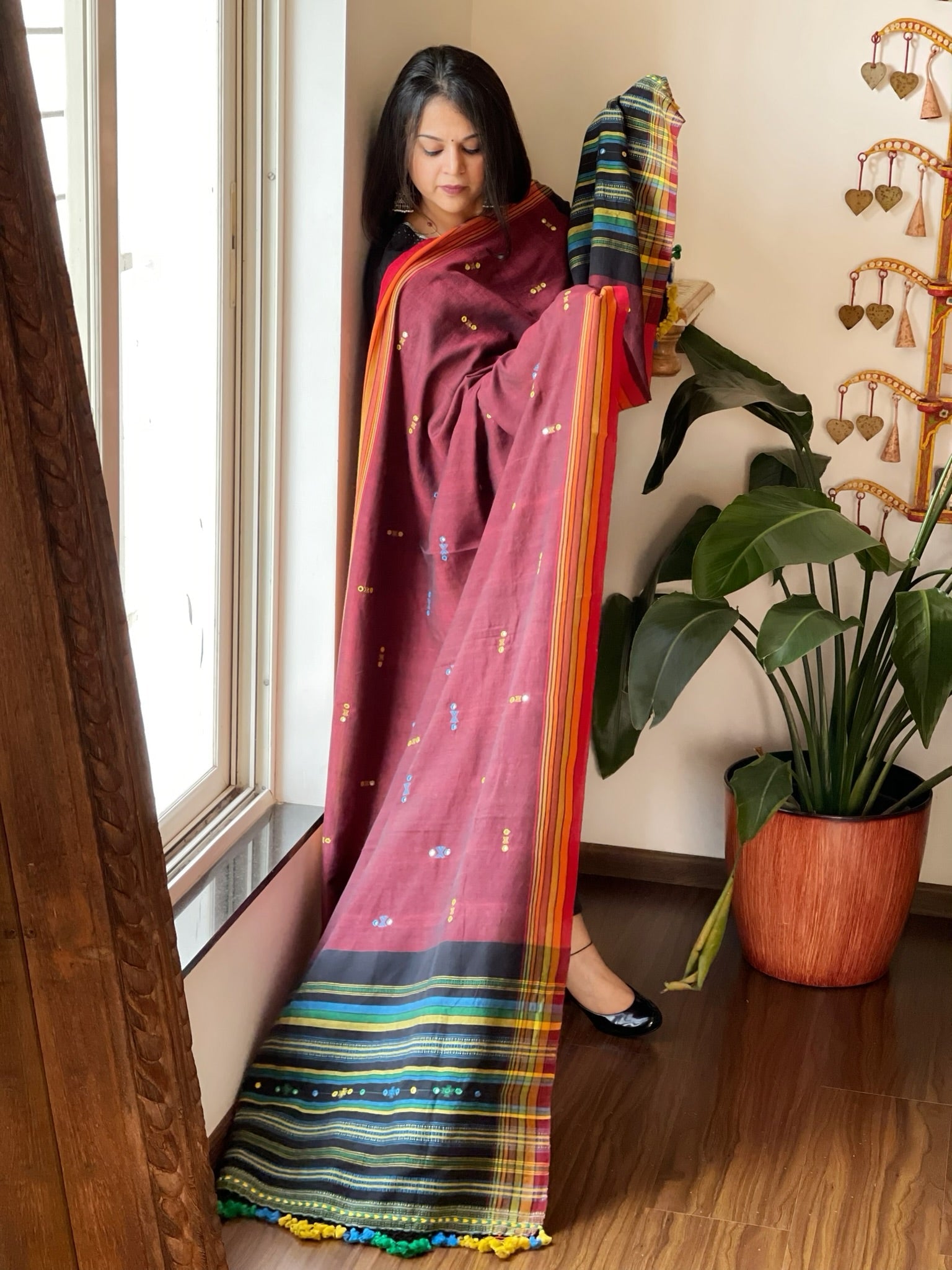 Maroon Handwoven Bhujodi Dupatta with Mirror & Thread Handwork in Cotton - Masakalee