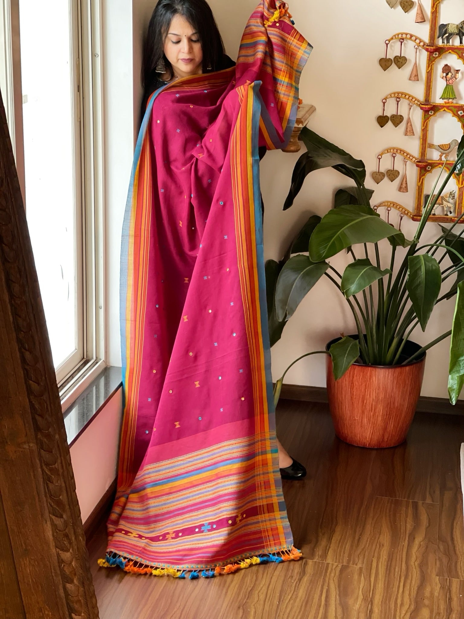 Maroon Handwoven Bhujodi Dupatta with Mirror & Thread Handwork in Cotton - Masakalee