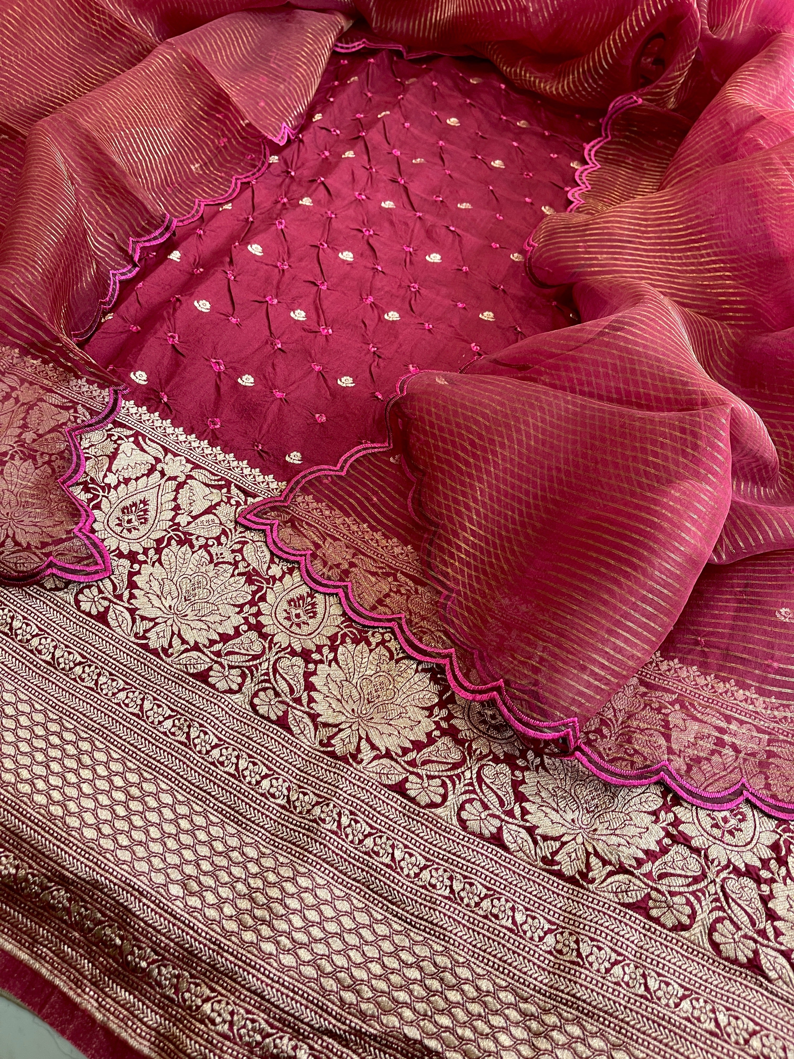 Maroon Handwoven Kadwa Banarasi with Hand Bandhani Suit Set in Pure ...