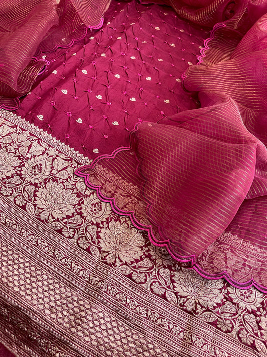 Maroon Handwoven Kadwa Banarasi with Hand Bandhani Suit Set in Pure Silk - Masakalee