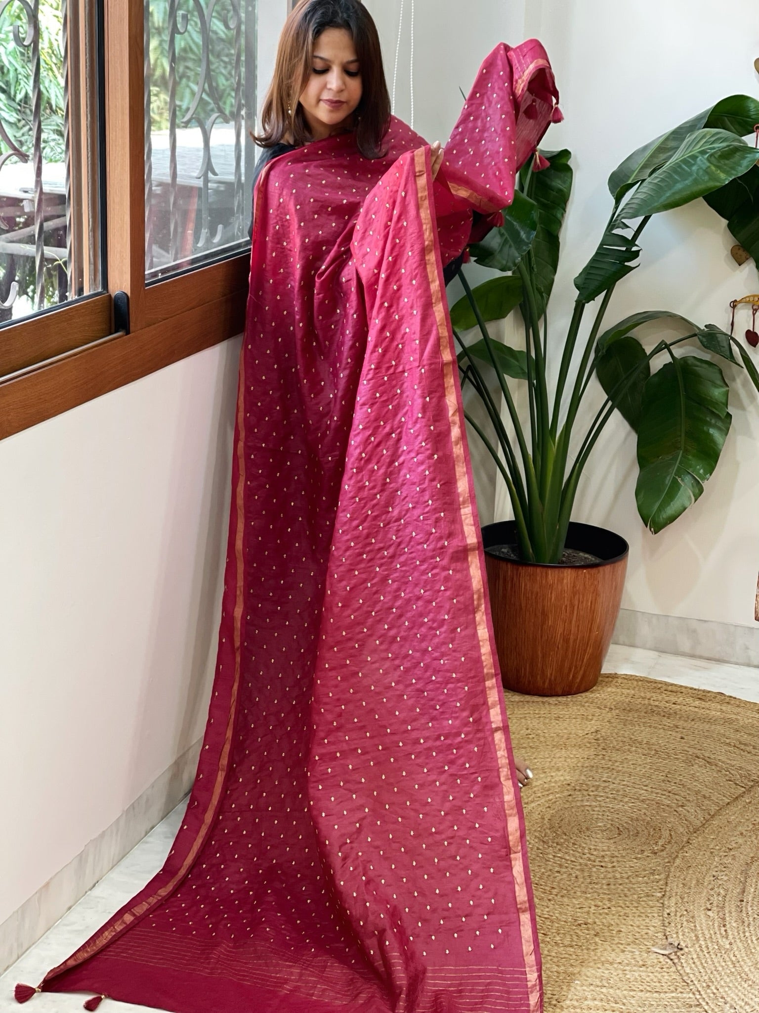 Maroon Handwoven Muga Silk dupattas with Hand Embroidery - Masakalee