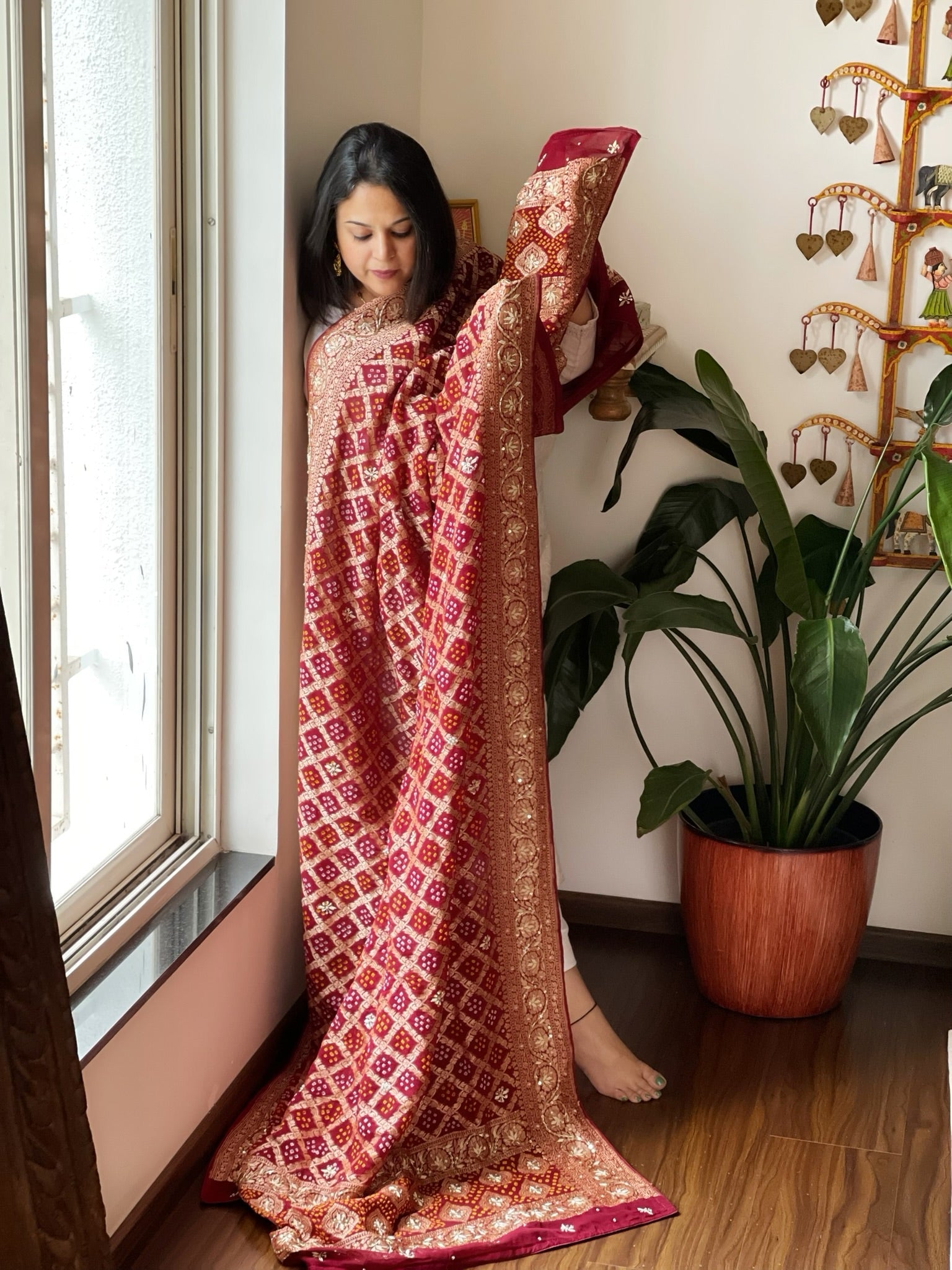 Maroon Handwoven NeemZari Bareek Bandhani with Dabka Handwork in Pure Georgette - Masakalee