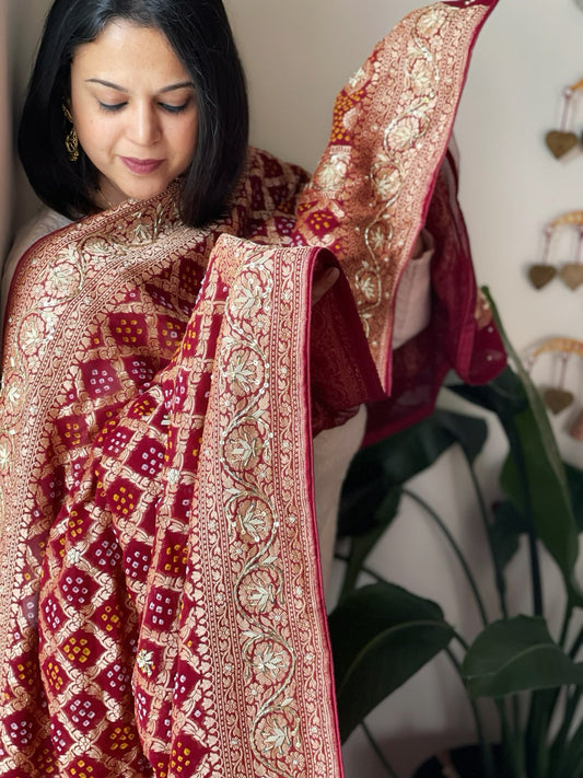 Maroon Handwoven NeemZari Bareek Bandhani with Dabka Handwork in Pure Georgette - Masakalee