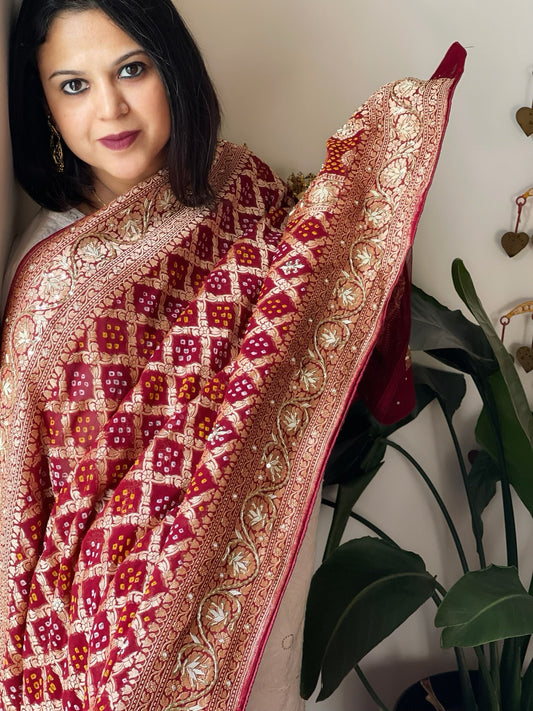 Maroon Handwoven NeemZari Bareek Bandhani with Dabka Handwork in Pure Georgette - Masakalee