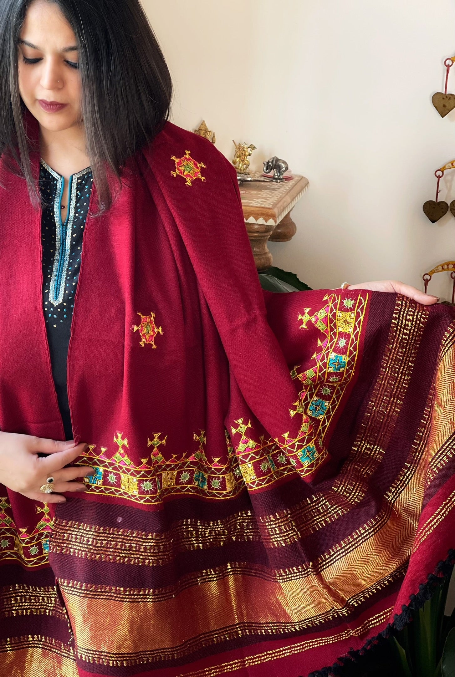 Maroon Handwoven Woollen Shawl with Thread and Mirror Handwork - Masakalee