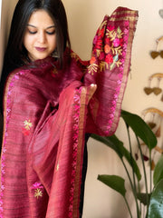 Maroon Kashmiri Aari Embroidered Dupatta in Geecha Silk - Masakalee