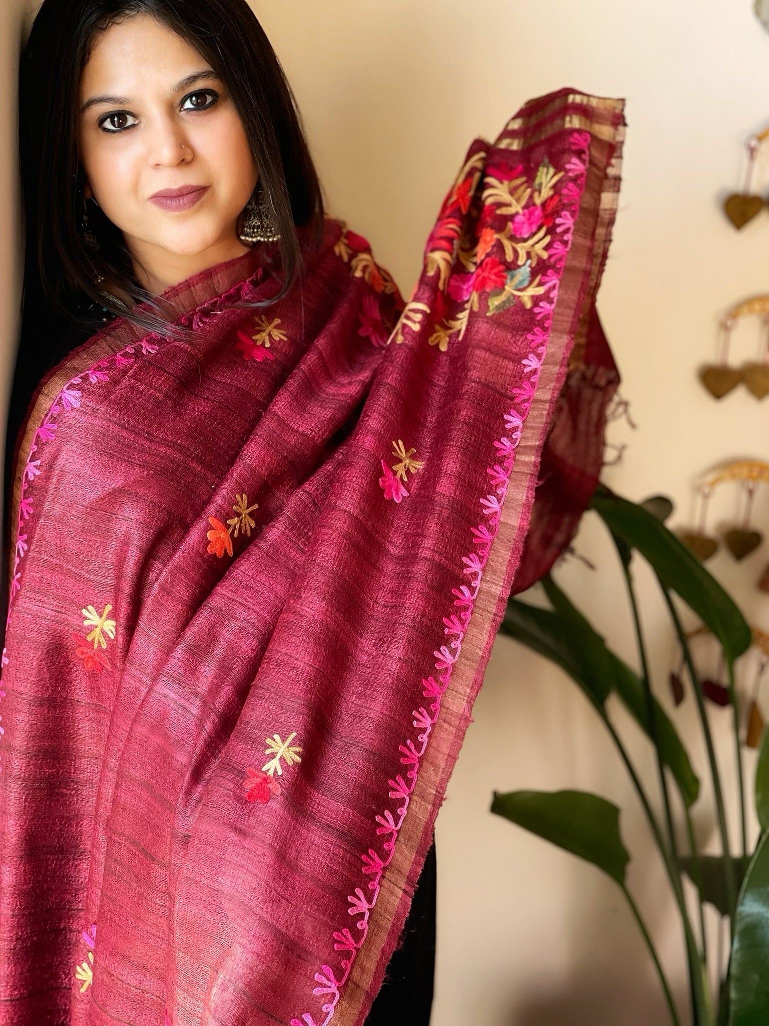 Maroon Kashmiri Aari Embroidered Dupatta in Geecha Silk - Masakalee