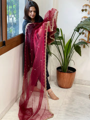 Maroon Net Dupatta with Pearl, Sequin and Cut Daana Embroidery - Masakalee