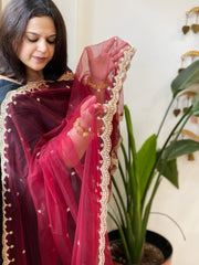 Maroon Net Dupatta with Pearl, Sequin and Cut Daana Embroidery - Masakalee