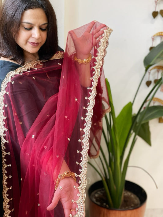 Maroon Net Dupatta with Pearl, Sequin and Cut Daana Embroidery - Masakalee