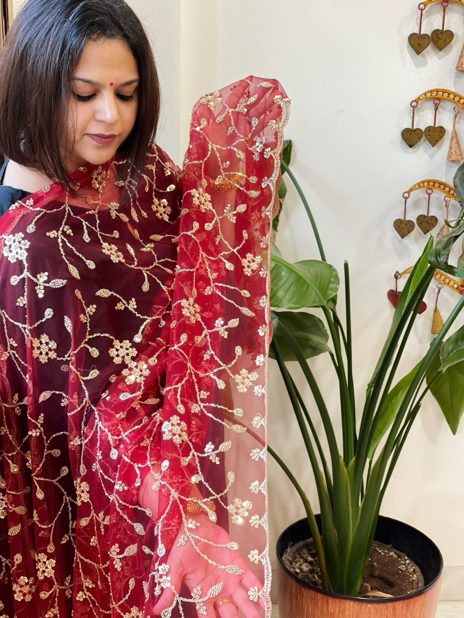 Maroon Net Dupatta with Sequin and Cut Daana Embroidery - Masakalee