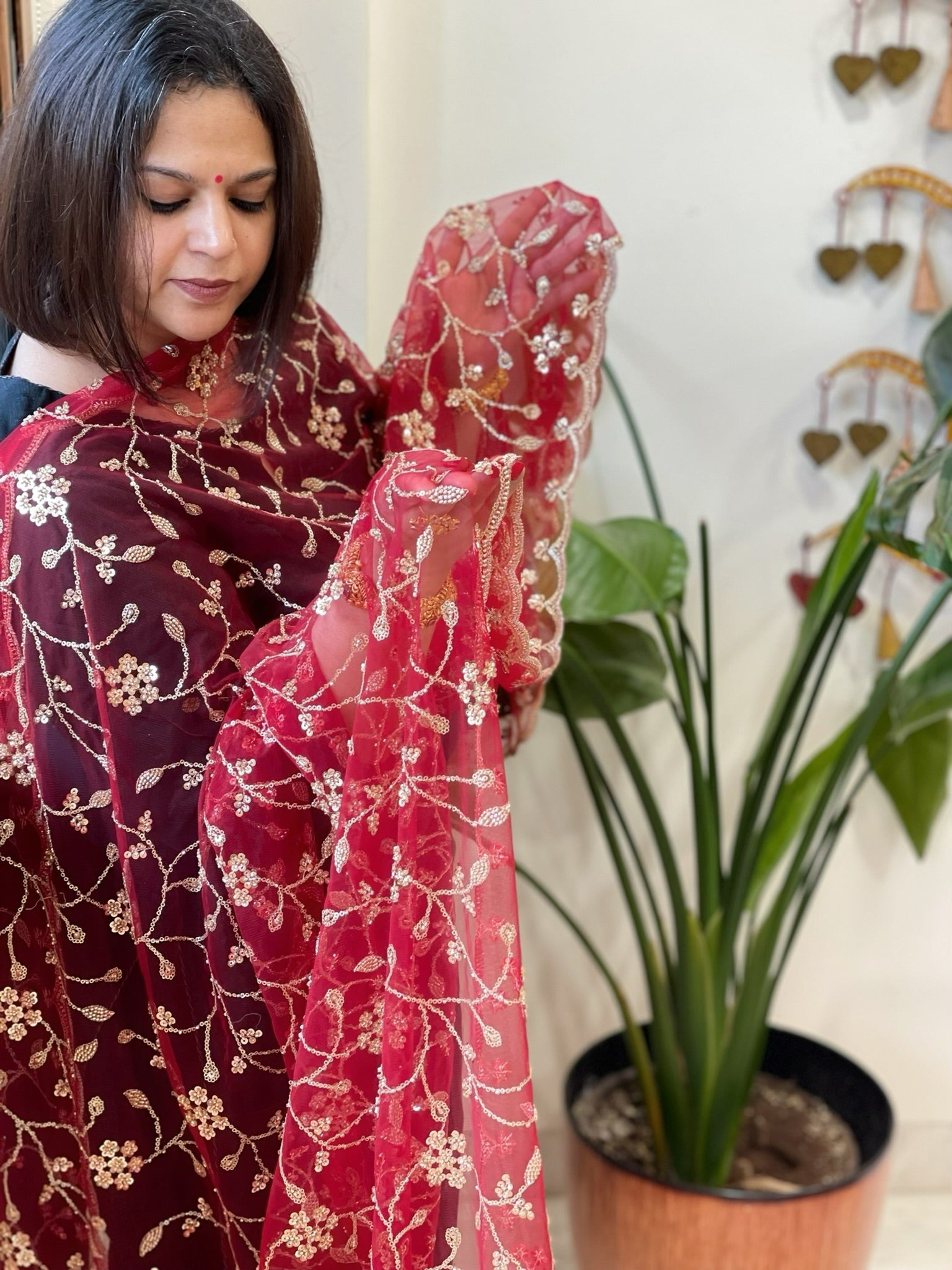 Maroon Net Dupatta with Sequin and Cut Daana Embroidery - Masakalee