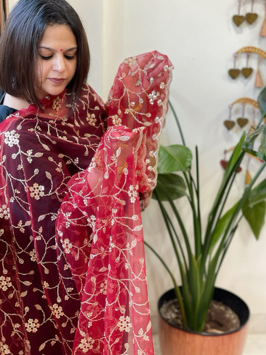 Maroon Net Dupatta with Sequin and Cut Daana Embroidery - Masakalee