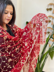 Maroon Net Dupatta with Sequin and Cut Daana Embroidery - Masakalee