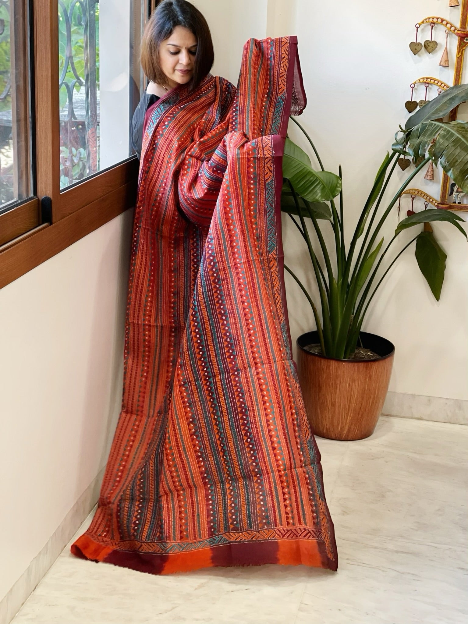 Maroon, Orange Handmade Kantha Dupatta in Silk - Masakalee