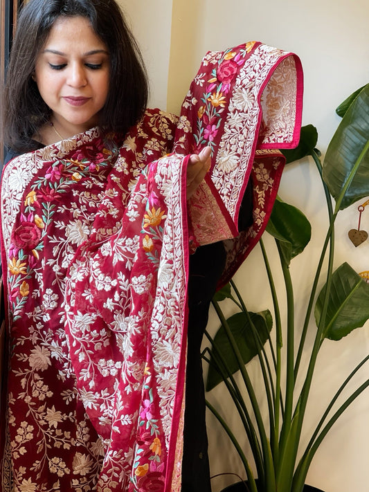 Maroon Parsi Gara Embroidery Dupatta in Georgette - Masakalee