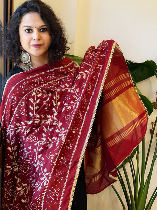 Maroon Printed Bandhej Chanderi Dupatta with Leather Gotapatti Work - Masakalee