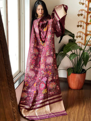 Maroon Printed Kalamkari Dupatta with Sequin Work and Zari Pallu in Dola Silk - Masakalee