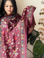 Maroon Printed Kalamkari Dupatta with Sequin Work and Zari Pallu in Dola Silk - Masakalee