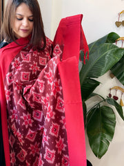 Maroon, Red Handwoven Ikat Dupatta in Cotton - Masakalee