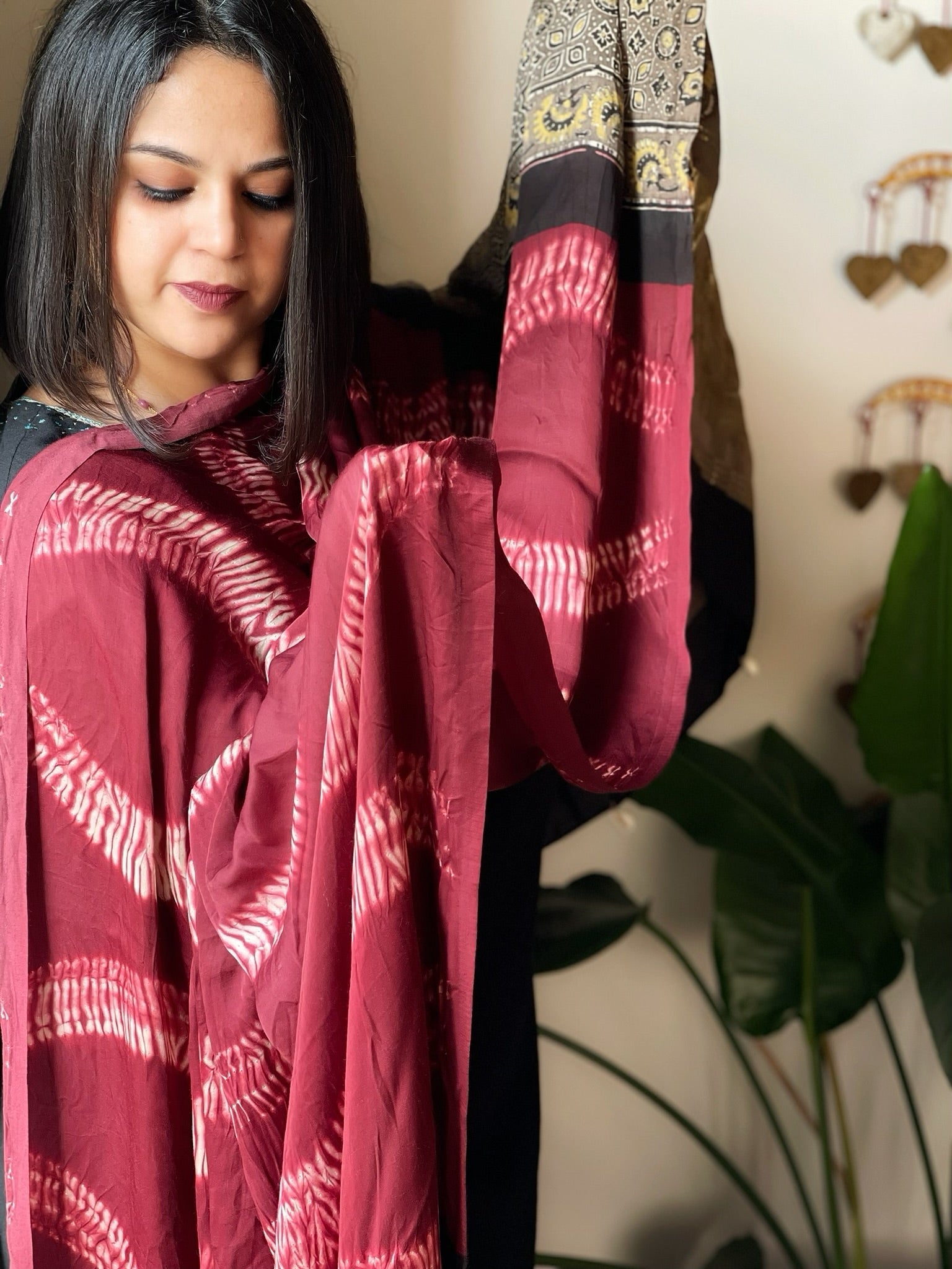 Maroon Shibori with Ajrakh Dupatta in Modal Silk - Masakalee