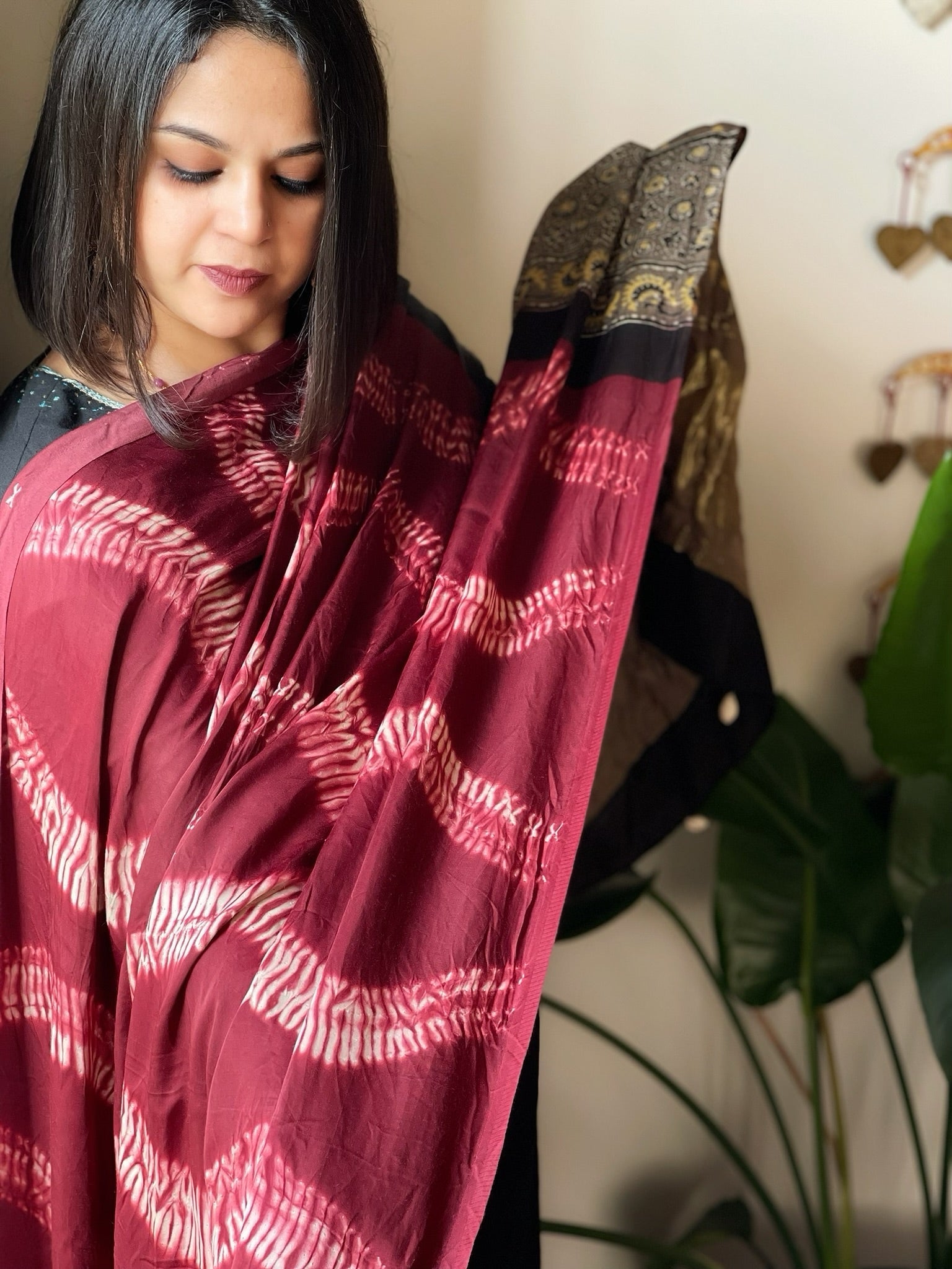 Maroon Shibori with Ajrakh Dupatta in Modal Silk - Masakalee