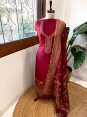 Maroon Suit Set with Handwoven Kaani and Zari in Pure Silk - Masakalee