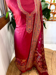 Maroon Suit Set with Handwoven Kaani and Zari in Pure Silk - Masakalee