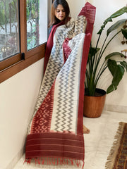 Maroon, White Handwoven Ikat Dupatta in Cotton - Masakalee