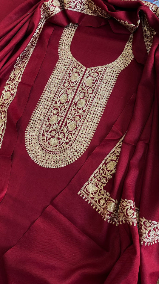 Maroon Winter Suit Set with Aari Work in Pashmina Wool - Masakalee