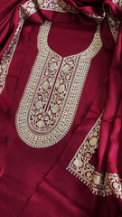 Maroon Winter Suit Set with Aari Work in Pashmina Wool - Masakalee
