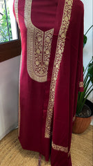 Maroon Winter Suit Set with Aari Work in Pashmina Wool - Masakalee