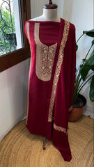 Maroon Winter Suit Set with Aari Work in Pashmina Wool - Masakalee