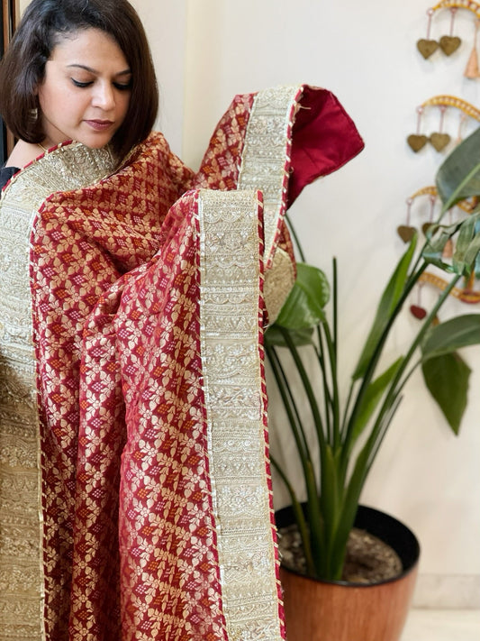 Maroon Woven Bandhej Banarasi Dupatta in Fine Georgette with Pearl, Sequin, Dabka Work - Masakalee
