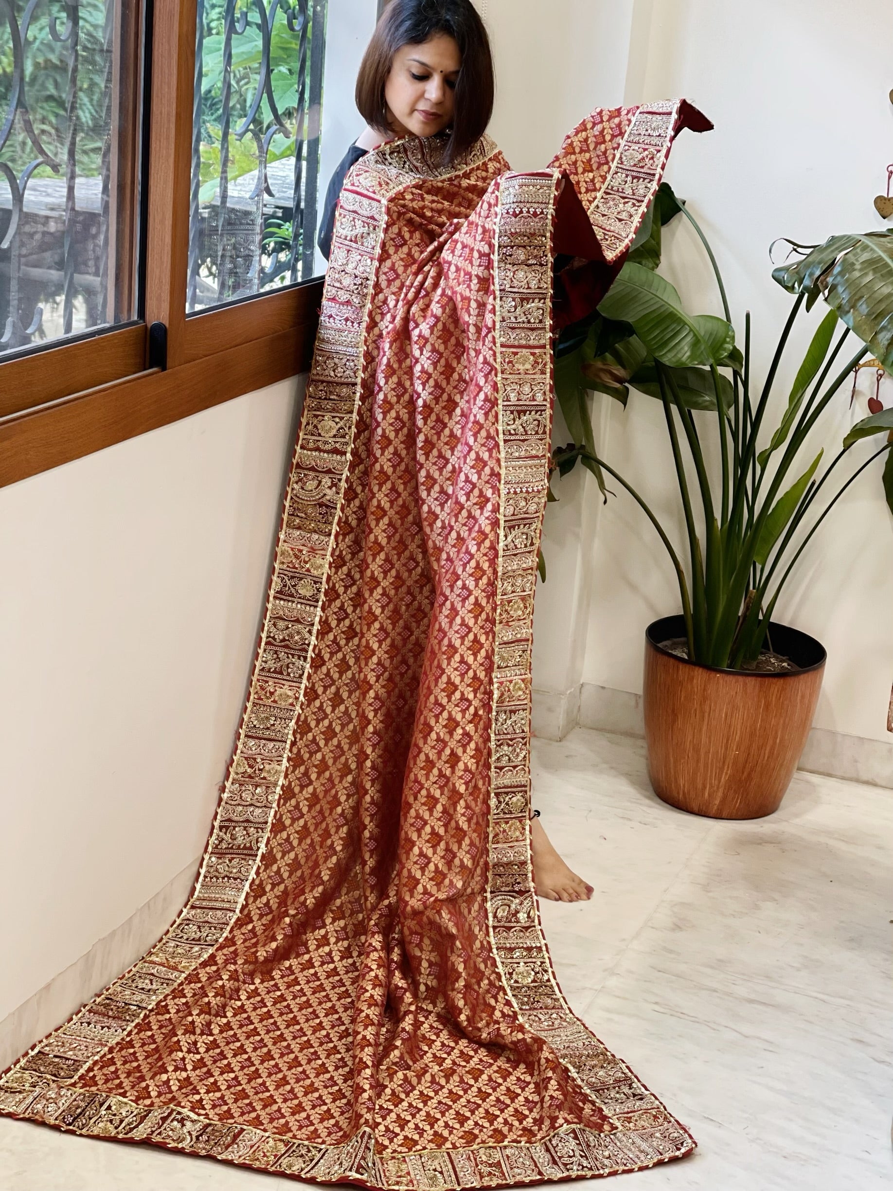 Maroon Woven Bandhej Banarasi Dupatta in Fine Georgette with Pearl, Sequin, Dabka Work - Masakalee