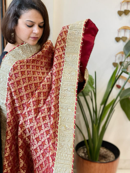 Maroon Woven Bandhej Banarasi Dupatta in Fine Georgette with Pearl, Sequin, Dabka Work - Masakalee