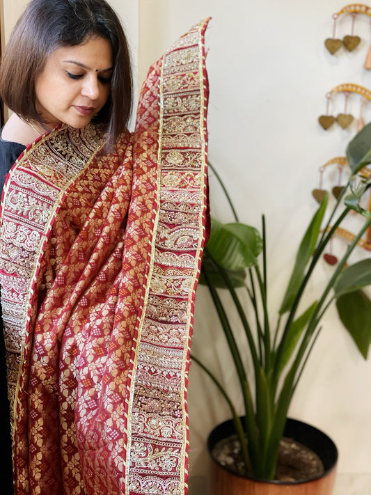 Maroon Woven Bandhej Banarasi Dupatta in Fine Georgette with Pearl, Sequin, Dabka Work - Masakalee