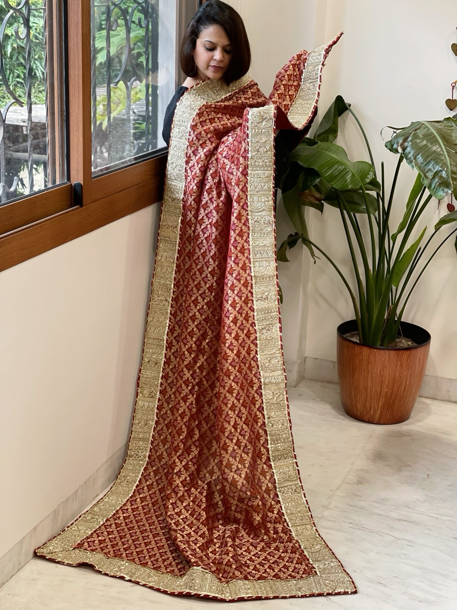 Maroon Woven Bandhej Banarasi Dupatta in Fine Georgette with Pearl, Sequin, Dabka Work - Masakalee