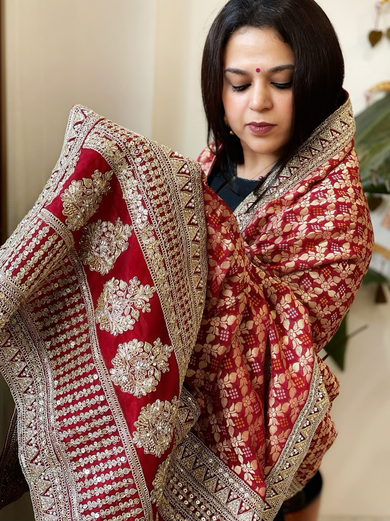 Maroon Woven Bandhej Banarasi Dupatta in Fine Georgette with Zardosi Work - Masakalee