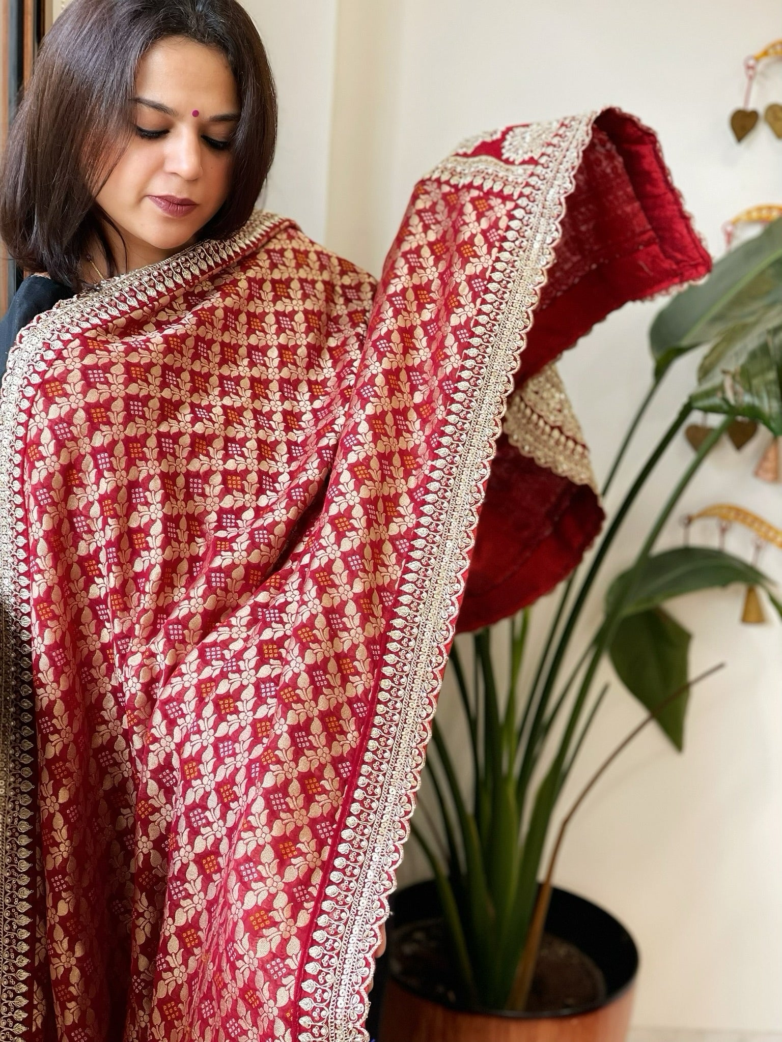 Maroon Woven Bandhej Banarasi Dupatta in Fine Georgette with Zardosi Work - Masakalee