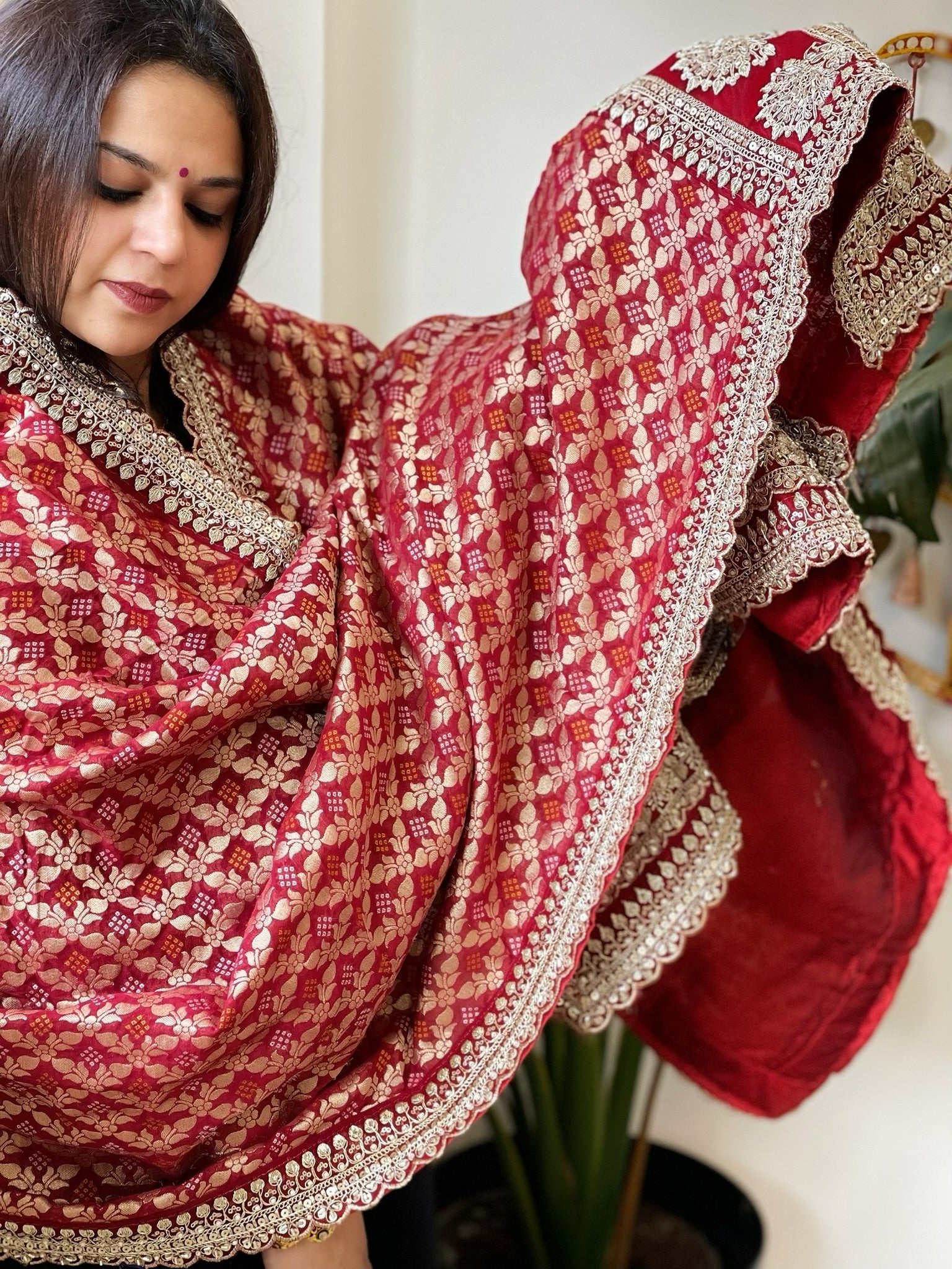 Maroon Woven Bandhej Banarasi Dupatta in Fine Georgette with Zardosi Work - Masakalee