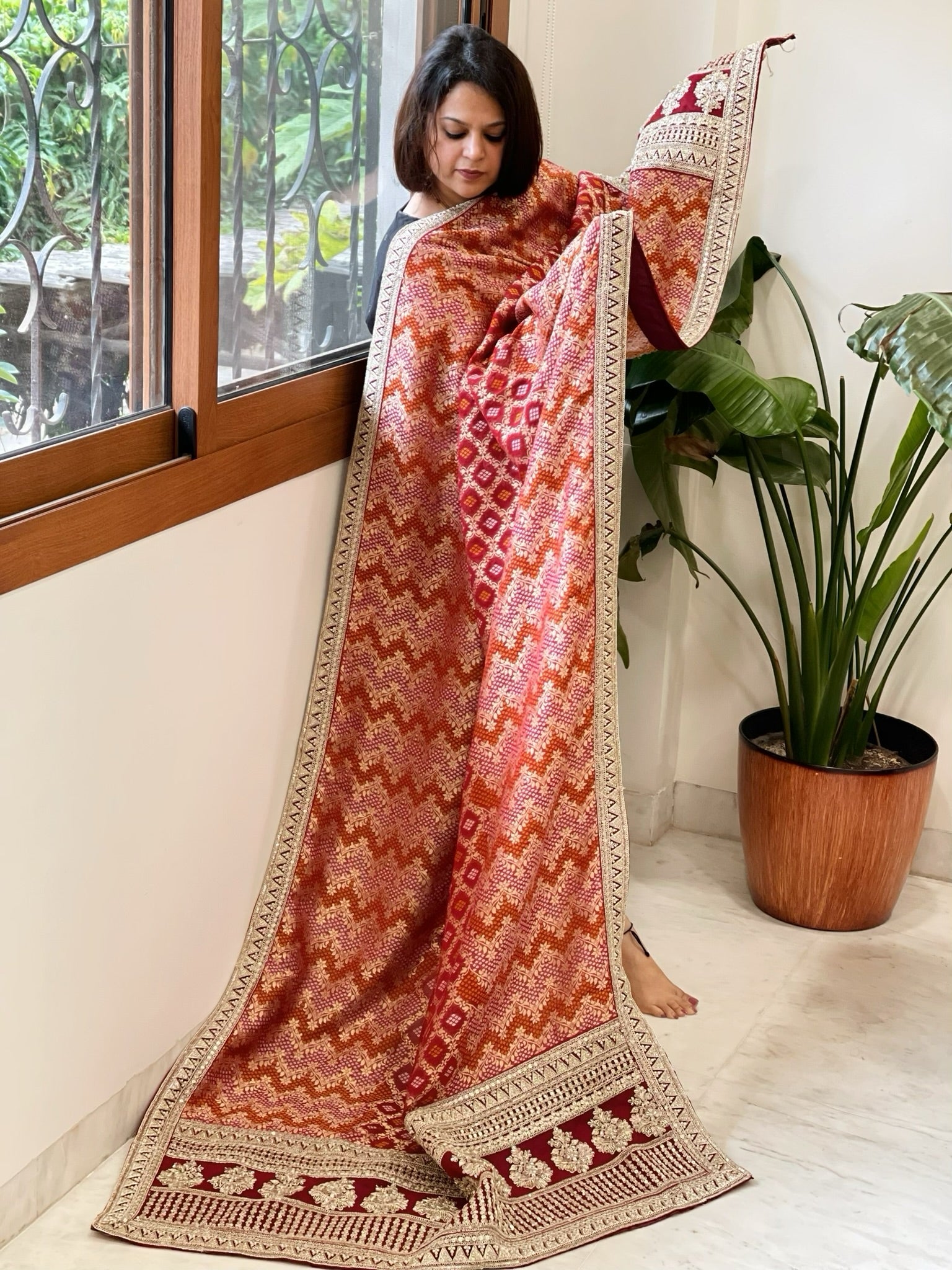 Maroon Woven Bandhej Banarasi Dupatta in Fine Georgette with Zardosi Work - Masakalee