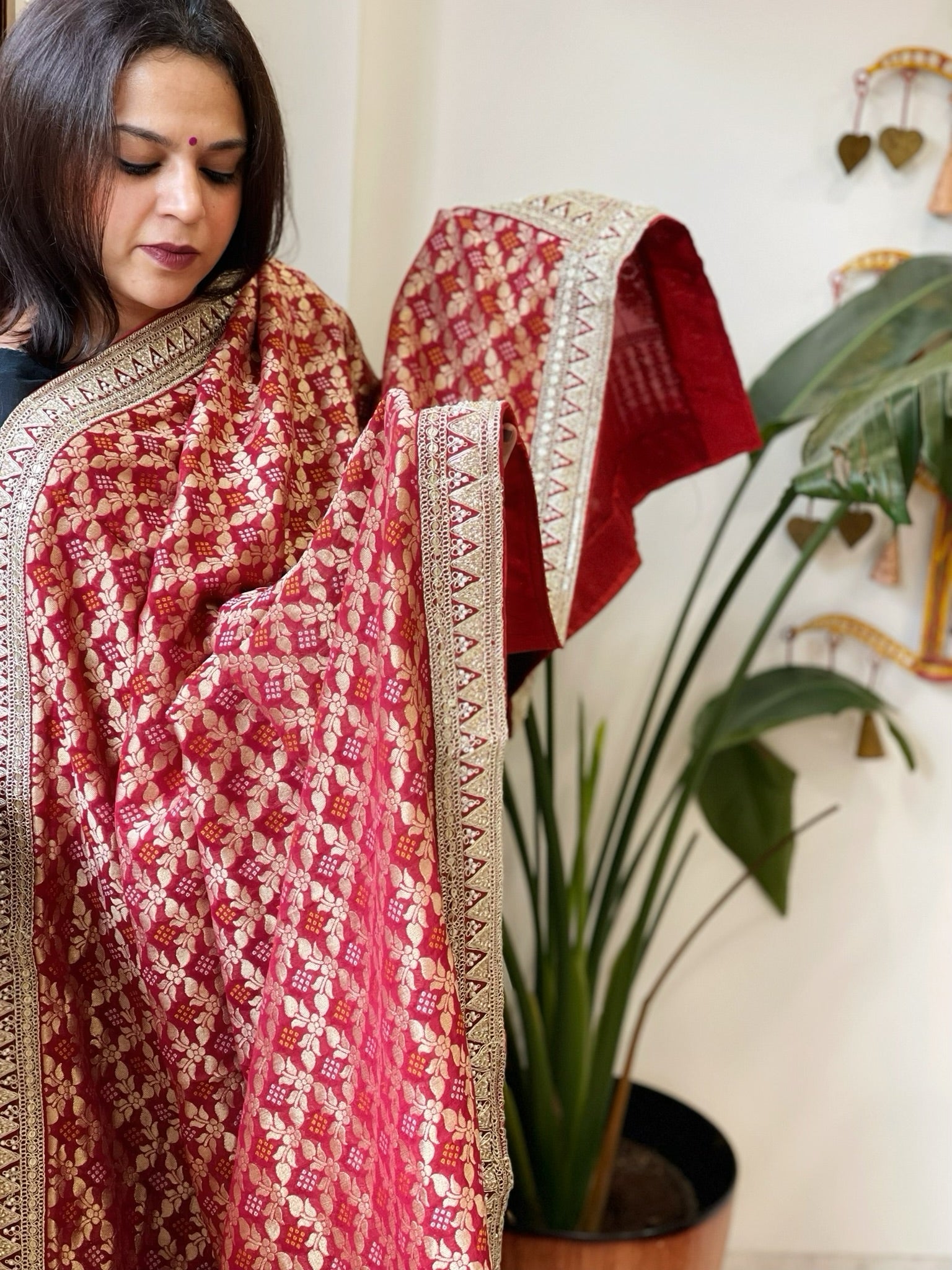 Maroon Woven Bandhej Banarasi Dupatta in Fine Georgette with Zardosi Work - Masakalee